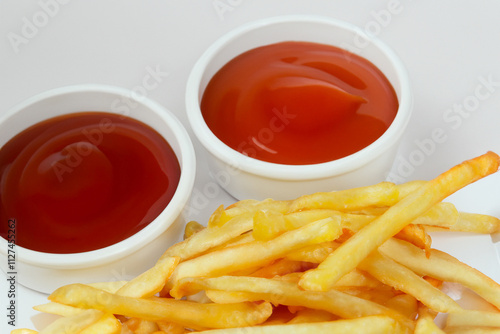 French fries with ketchup on white plate. Fast food with gray background. A grilled cheese with french fries and ketchup on a grey background. A fast food ketchup and french fries on lifestyle a gray. photo