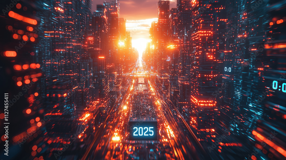 2025, Happy New Year. Futuristic Urban Landscape with Neon Lights and Digital Signage with Text 2025, Happy New Year. Futuristic Urban Landscape with Neon Lights and Digital Signage with Text