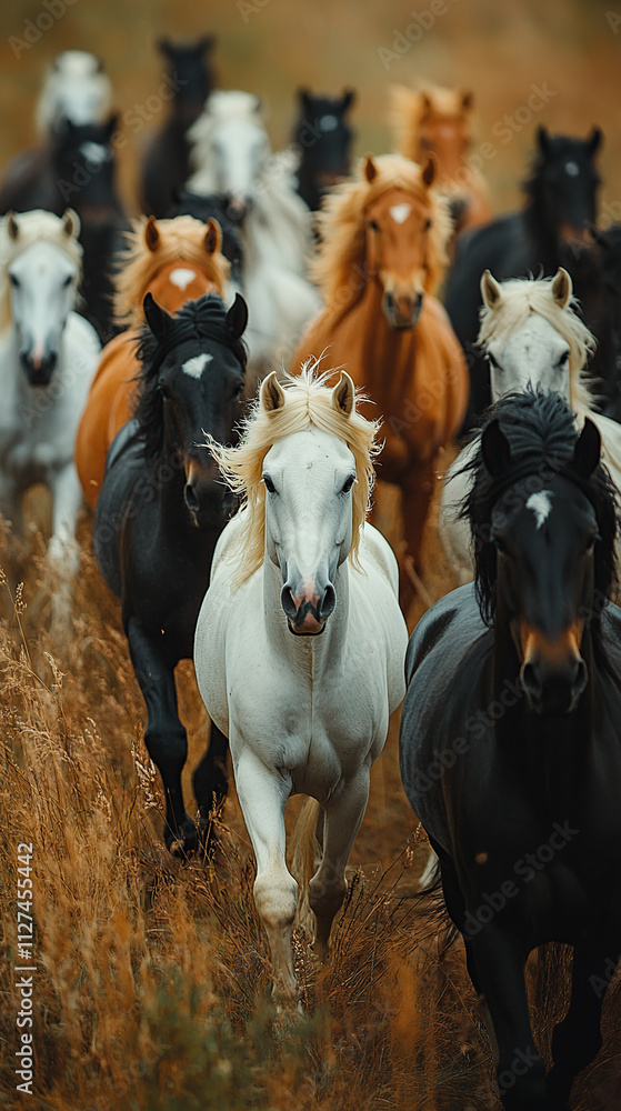 Obraz premium frame full of white and black horses in it.