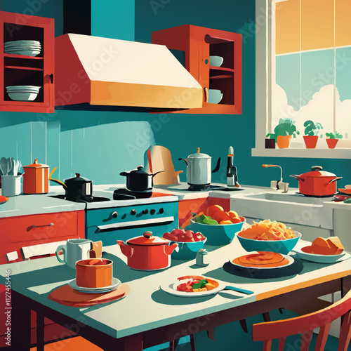 kitchen interior with laid table vector illustration
