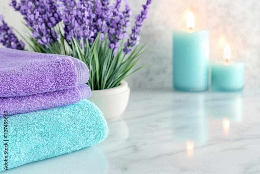 Luxurious spa setup featuring lavender towels and turquoise candles on a marble surface creating a calming atmosphere Luxurious spa setup featuring lavender towels and turquoise candles on a marble surface creating a calming atmosphere