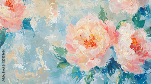 A painting of pink flowers on a blue background