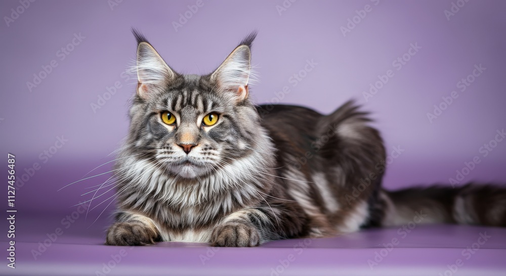 Majestic maine coon cat with striking amber eyes on a soft purple background Majestic maine coon cat with striking amber eyes on a soft purple background