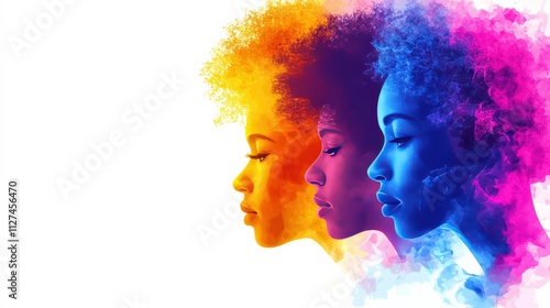 Vibrant Artistic Portraits of Diverse Women with Colorful Hair and Stunning Profile Silhouettes in Bright Shades of Yellow, Pink, and Blue on a White Background