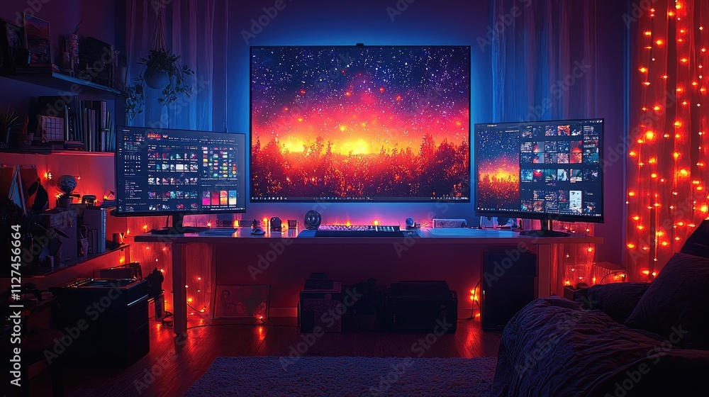 Creative Workspace with Dual Monitors Showcasing Vibrant Design Palettes for Graphic Projects Creative Workspace with Dual Monitors Showcasing Vibrant Design Palettes for Graphic Projects