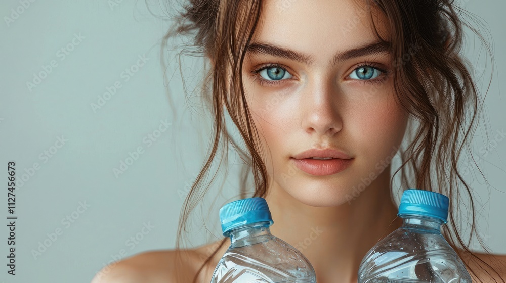 Hydration and Beauty: A Portrait of a Young Woman with Water Bottles Hydration and Beauty: A Portrait of a Young Woman with Water Bottles