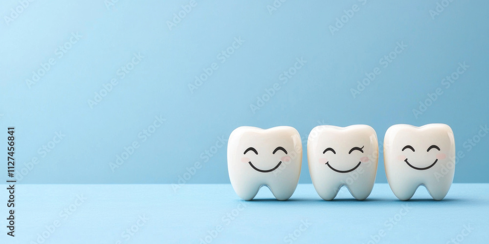 Fototapeta premium Row of smiling emoji on teeth on blue background with copyspace