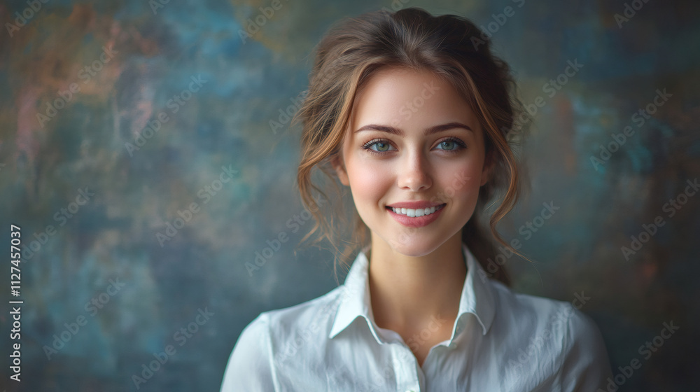 Portrait of a happy young businesswoman in a white shirt, displaying her bright smile and perfect teeth against a textured backdrop in the studio Portrait of a happy young businesswoman in a white shirt, displaying her bright smile and perfect teeth against a textured backdrop in the studio