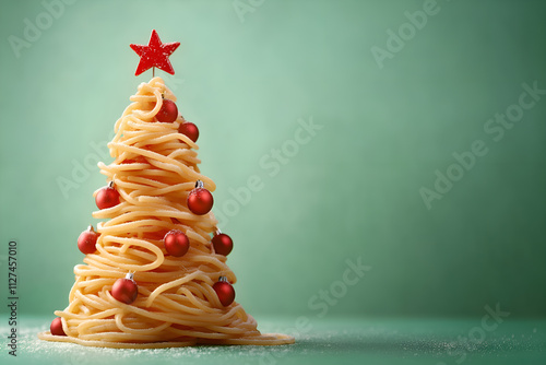 Dimensional Christmas tree made of spaghetti on green background, banner photo