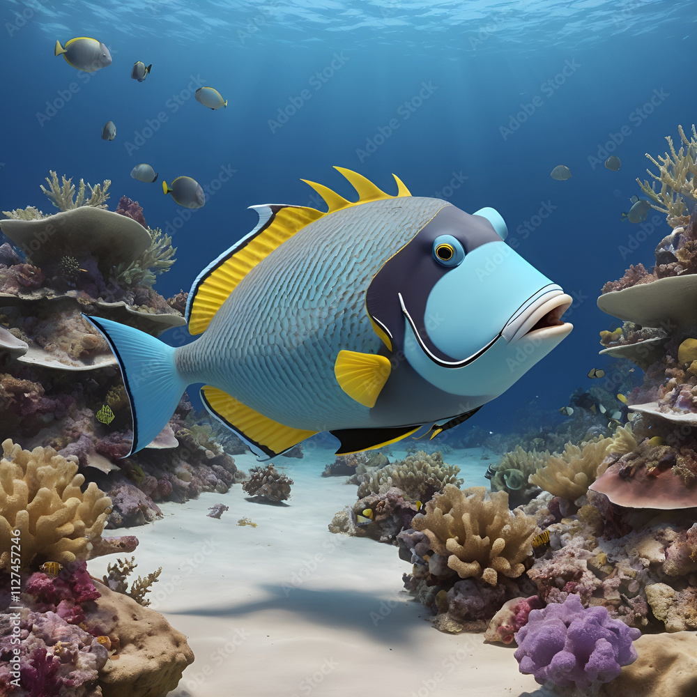 3D triggerfish swimming gracefully over a vibrant coral reef in a beautiful underwater scene 3D triggerfish swimming gracefully over a vibrant coral reef in a beautiful underwater scene