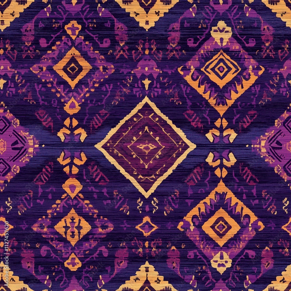 Elegant ethnic fabric design with tribal motifs and geometric shapes on a bold purple background, crafted for fashion artwork Elegant ethnic fabric design with tribal motifs and geometric shapes on a bold purple background, crafted for fashion artwork
