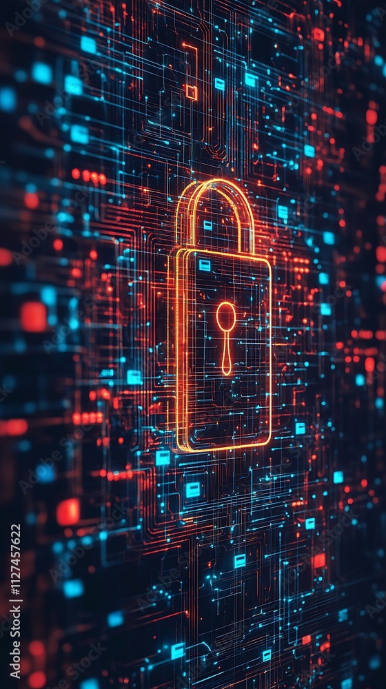 Fototapeta premium A digital lock icon surrounded by a network of glowing data streams, symbolizing cybersecurity.