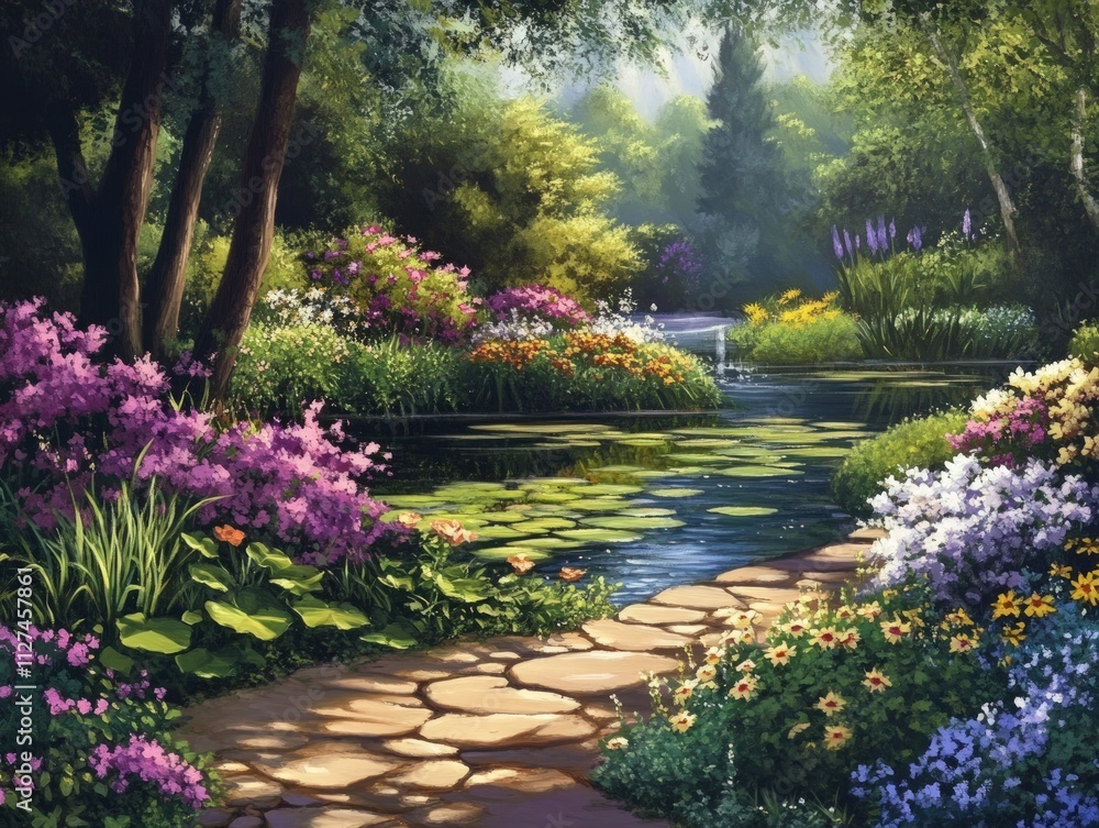 Fototapeta premium Serene garden path, pond, lush flowers.