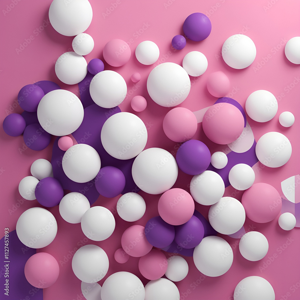 Colorful abstract design with 3D spheres in pink, white, and purple on a vibrant background Colorful abstract design with 3D spheres in pink, white, and purple on a vibrant background