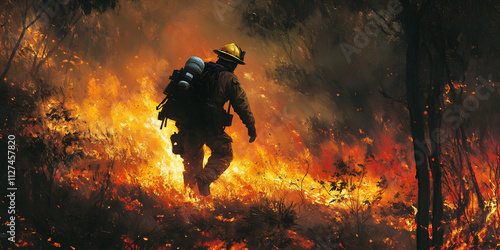 Firefighter in action in a burning forest, representing courage and the challenges of wildfire management