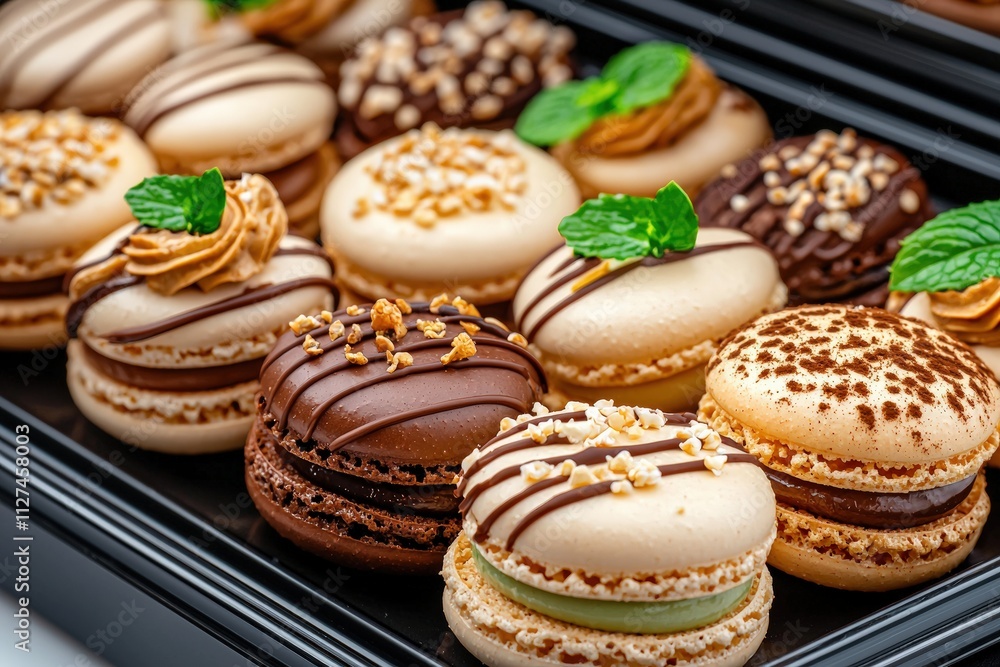 Delicious colorful macarons displayed in a high-end bakery captivating dessert presentation inviting atmosphere close-up view Delicious colorful macarons displayed in a high-end bakery captivating dessert presentation inviting atmosphere close-up view