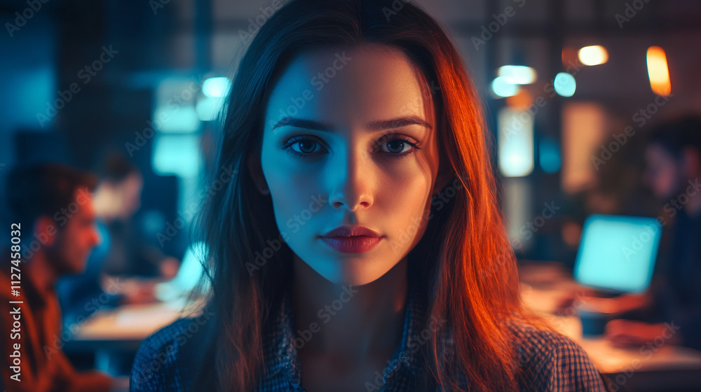 Obraz premium Businesswoman at the forefront of innovation, leading in a dynamic, high-tech office in the startup industry
