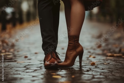 An elegant close-up shot captures a couple's legs in a tender moment. photo