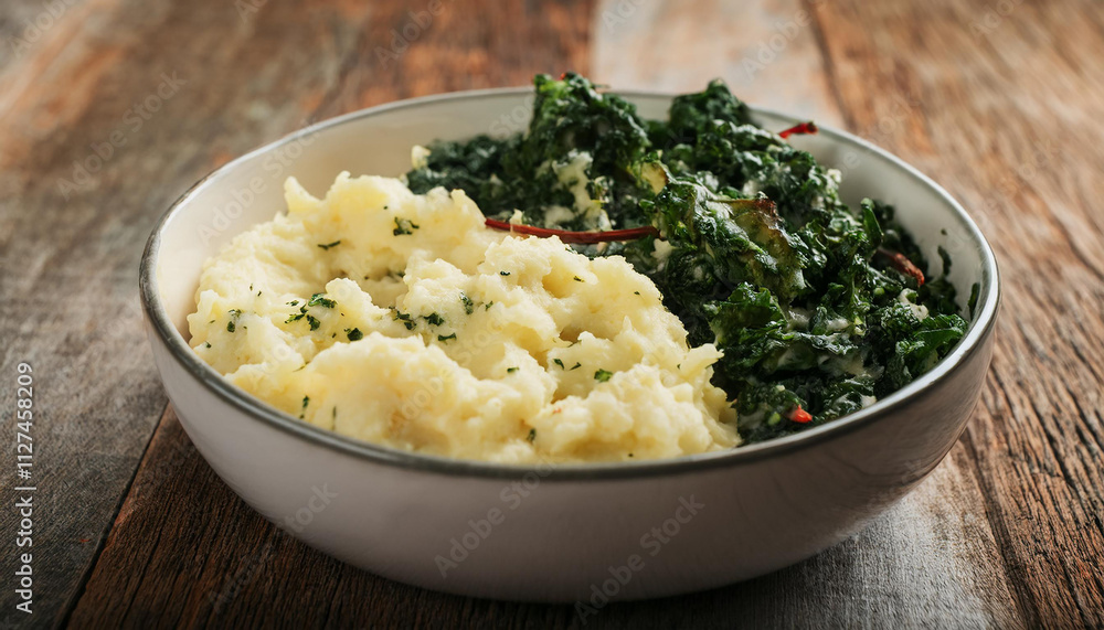 Bowl of Irish colcannon. Mashed potatoes mixed with kale. Tasty food for dinner. Cooking and culinary