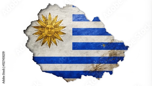 Map of Uruguay with a texture of the Uruguayan flag on it. White background.