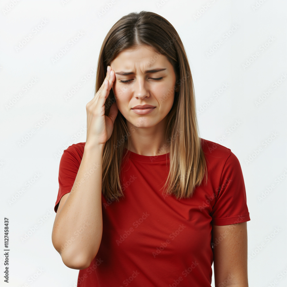 Portrait of a woman suffering from severe headache or migraine as she holds the side of her head in pain frowning - isolated on white background Portrait of a woman suffering from severe headache or migraine as she holds the side of her head in pain frowning - isolated on white background