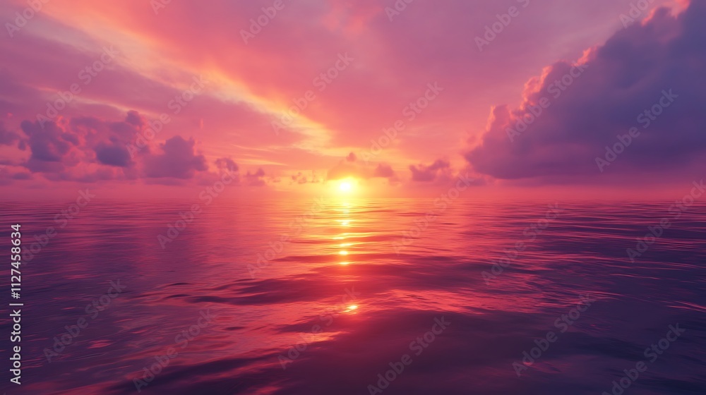 Fototapeta premium Vibrant sunset over calm ocean, reflecting colors in water.