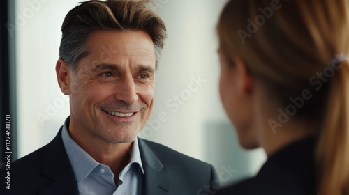 Male professional smiling and conversing with a female coworker in a contemporary office, promoting teamwork and cooperation