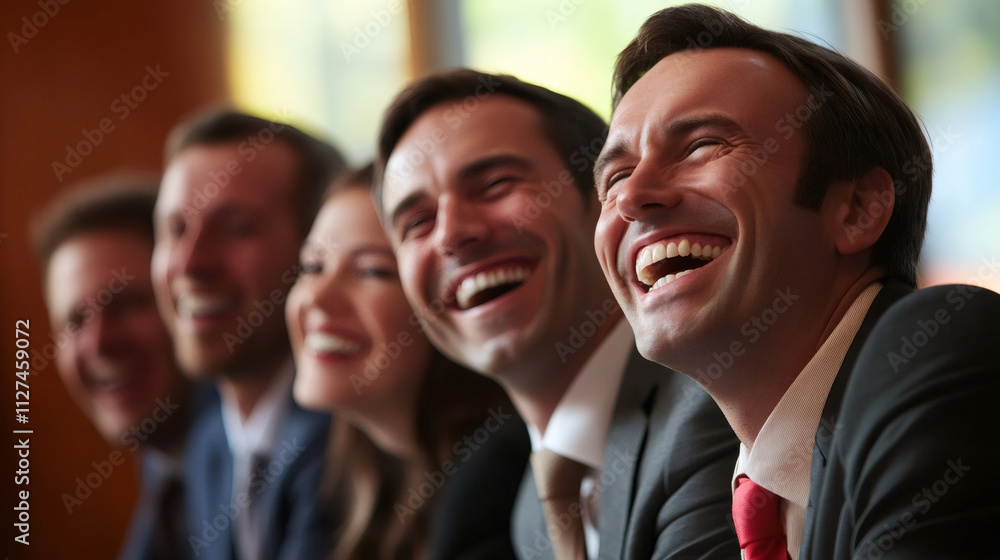 Business team demonstrates teamwork and positive communication by sharing laughter during a meeting Business team demonstrates teamwork and positive communication by sharing laughter during a meeting