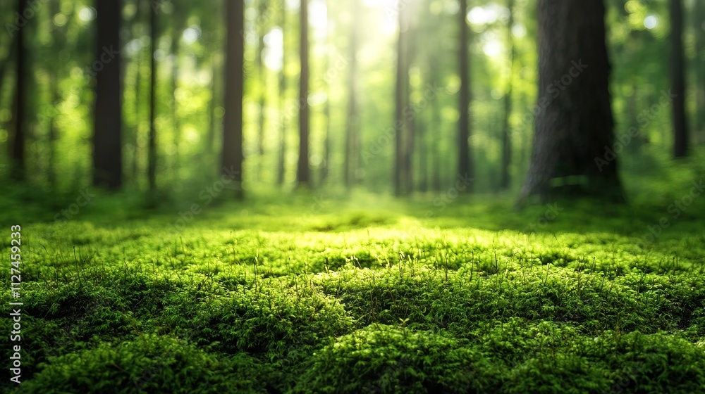 Green moss on natural trees Green forest blurred background