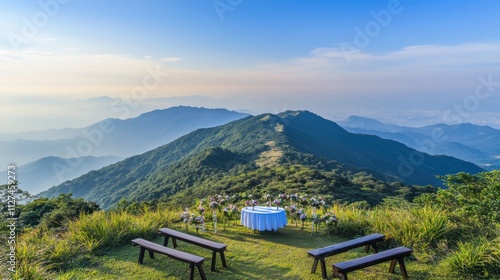 Outdoor wedding setup on a mountain with breathtaking views photo