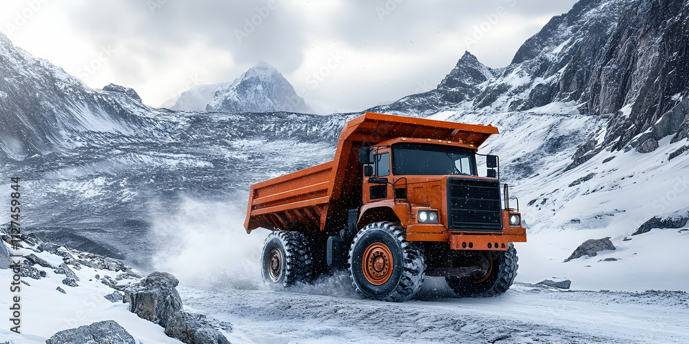 Heavy-duty orange dump truck navigating a snowy, rugged mountain trail, showcasing resilience in harsh conditions Heavy-duty orange dump truck navigating a snowy, rugged mountain trail, showcasing resilience in harsh conditions