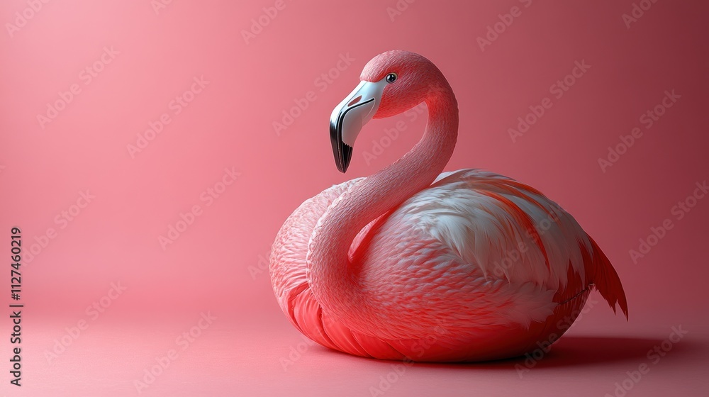 Fototapeta premium Pink flamingo sitting on pink background.