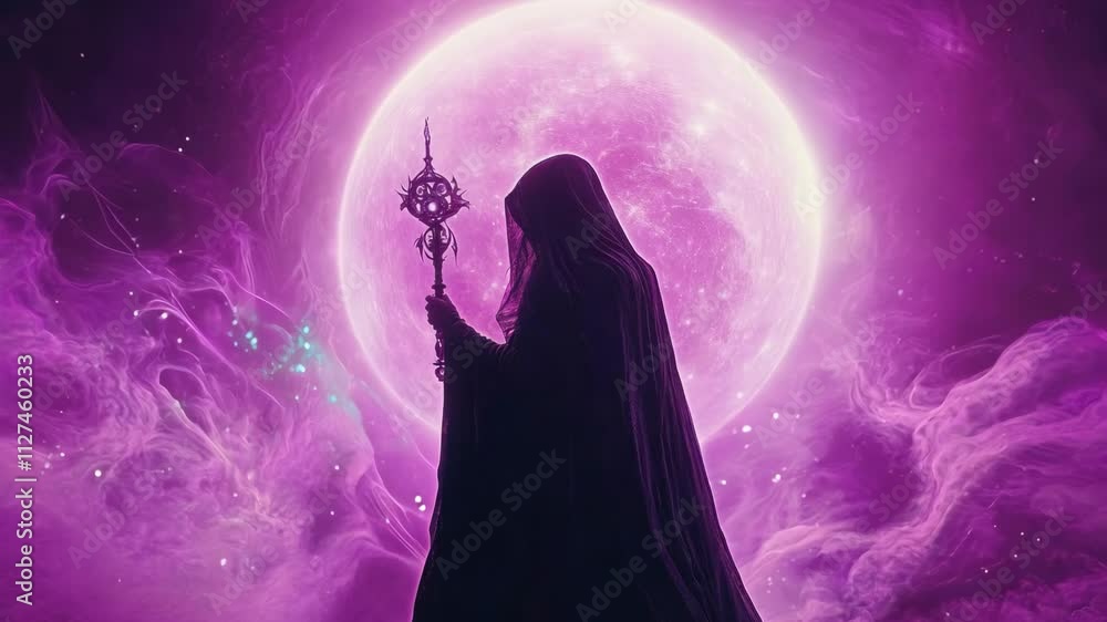 Enchanted Hooded Figure with Staff in Mystical Purple Loop