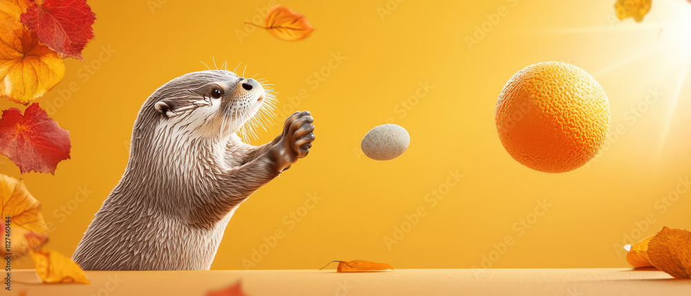 Obraz premium curious otter plays with pebble and orange ball amidst autumn leaves