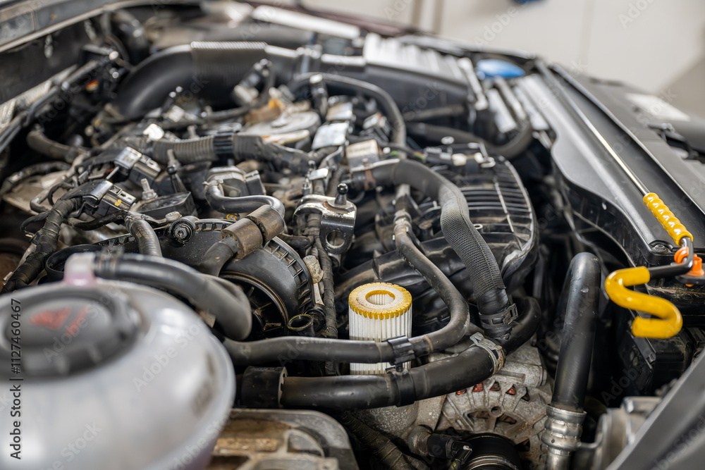 custom made wallpaper toronto digitalClose-up of a car engine, emphasizing various components, hoses, and an oil filter, in a workshop setting. Concept of automotive maintenance