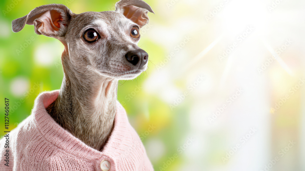 close up of dog wearing soft pastel pink cardigan, looking curious and adorable in bright setting close up of dog wearing soft pastel pink cardigan, looking curious and adorable in bright setting