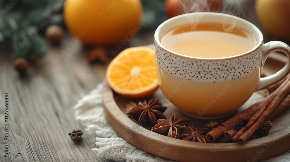 A cup of steaming cider surrounded by holiday spices on a wooden tray. A cup of steaming cider surrounded by holiday spices on a wooden tray.