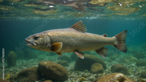 Underwater view of a Grayling swimming above river stones