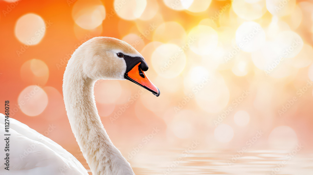 Fototapeta premium graceful swan with striking orange beak glides serenely through shimmering water, surrounded by warm, glowing background