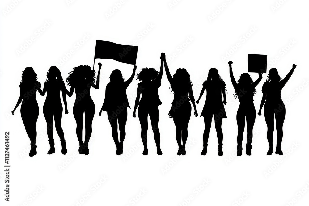 Silhouette of diverse women standing together holding flags and signs, symbolizing unity and empowerment, AI