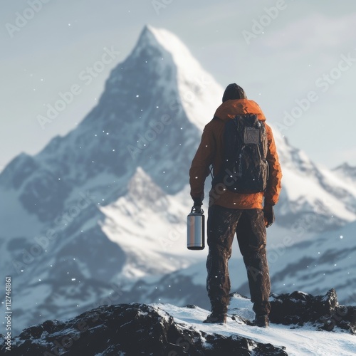 Thermos on snowy mountain, man