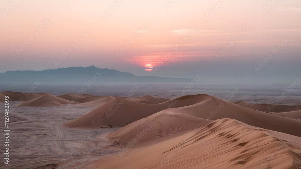 A soft pastel sunrise over an endless desert horizon A soft pastel sunrise over an endless desert horizon