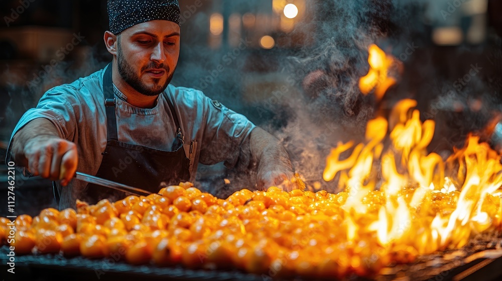 A chef grilling vibrant oranges over an open flame in a bustling kitchen. A chef grilling vibrant oranges over an open flame in a bustling kitchen.