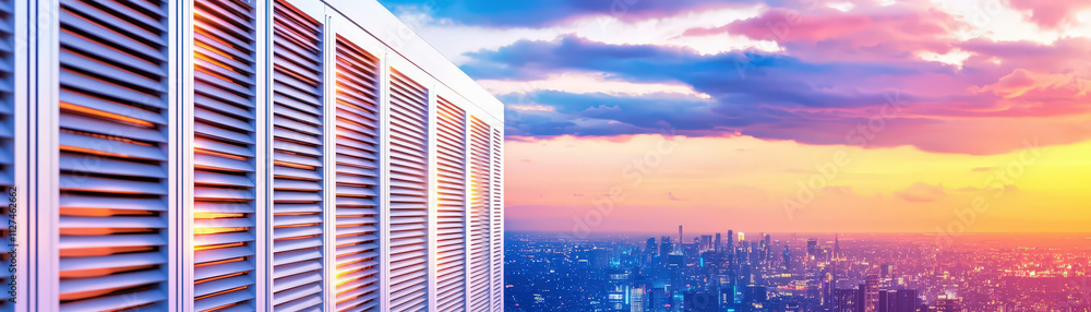 close up view of modern building with industrial elements against vibrant sunset. city skyline is visible background, creating stunning contrast close up view of modern building with industrial elements against vibrant sunset. city skyline is visible background, creating stunning contrast