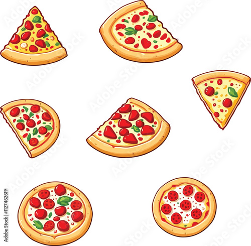 set of cartoon pizzas with different stuffing flat illustration