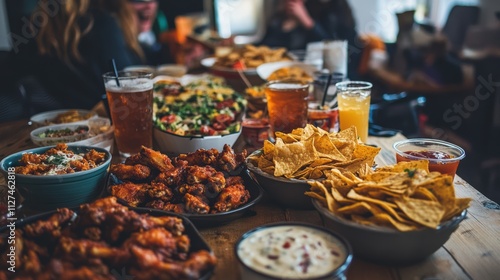 Delicious super bowl snacks spread with nachos, wings, and beverages for game day celebration