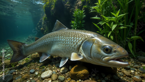 Grayling resting in vibrant underwater vegetation