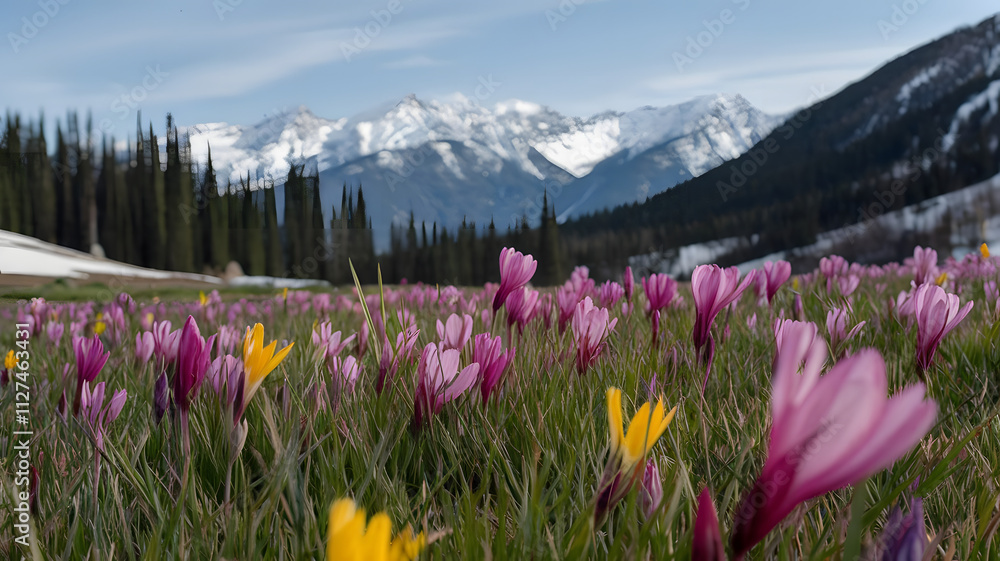 Obraz premium A spring meadow bursting with vibrant blooms, set against distant snowy peaks