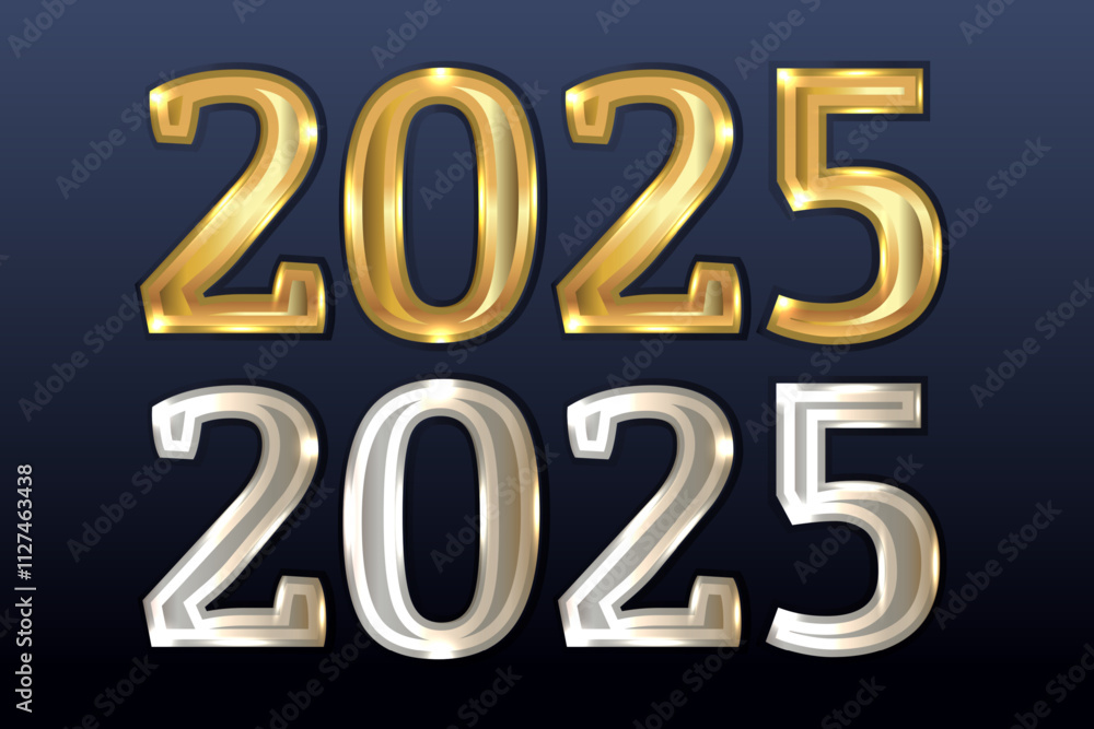 A set of metal numbers 2025, a symbol of the New Year. Layouts for Christmas greeting cards. Colors of gold and silver. Blue background. Realistic style. Vector. A set of metal numbers 2025, a symbol of the New Year. Layouts for Christmas greeting cards. Colors of gold and silver. Blue background. Realistic style. Vector.