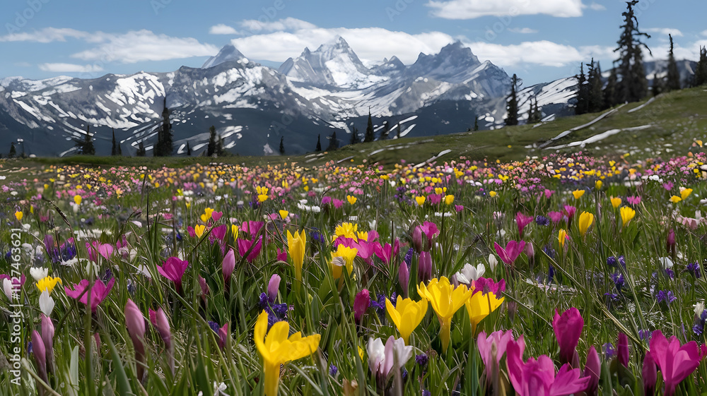 Obraz premium A spring meadow bursting with vibrant blooms, set against distant snowy peaks